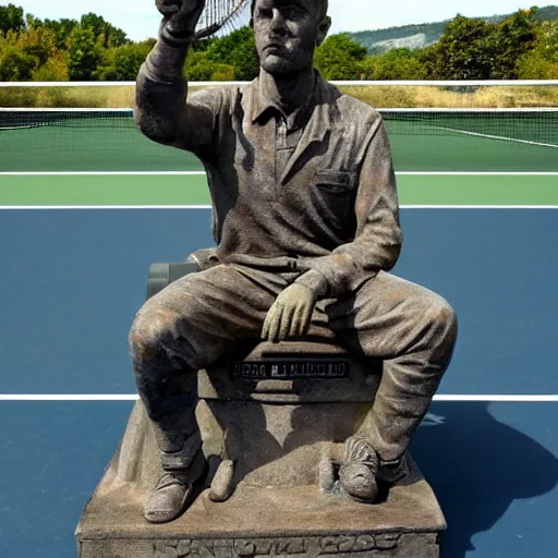 Image similar to a statue of a sad novak dijokovic on the tennis court