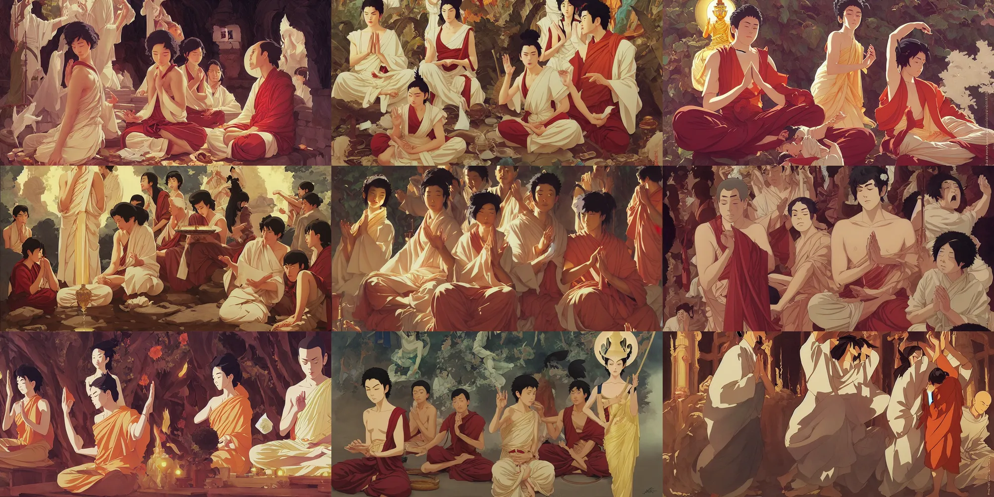 Prompt: buddhism, worship, in the style of studio ghibli, j. c. leyendecker, greg rutkowski, artem