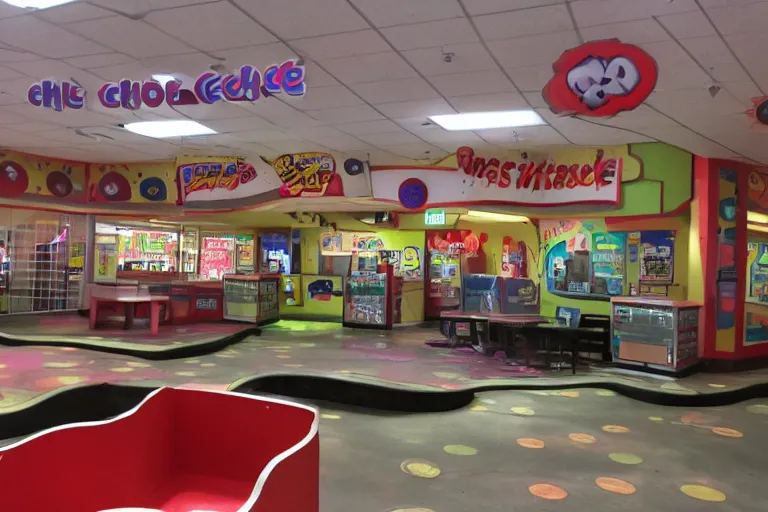 Prompt: inside an abandoned Chuck E Cheese