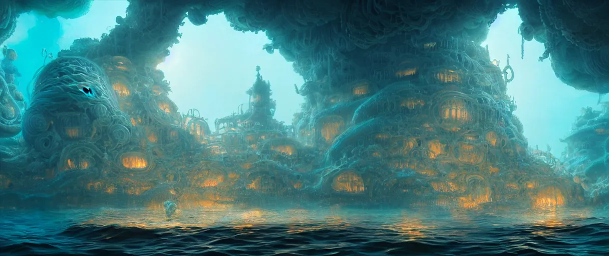 Prompt: hyperrealistic hyper detailed underwater neo-rococo city of atlantis surrounded by giant pearlescent jellyfish matte painting concept art maciej kuciara gustave courbet cinematic soft orange lighting low angle hd 8k sharp shallow depth of field