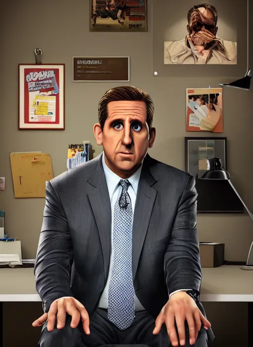 Prompt: ( ( ( hyperrealist cg an epic comic book style portrait painting of the office michael scott ) ) ) by mike campau, steve carell, photorealistic, octane render, vibrant colors, unreal engine, dynamic lighting, perfect factions, very detailed faces, poster, volumetric lighting, 4 k, award winning