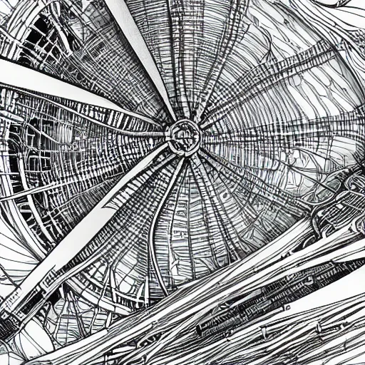 Image similar to hyper detailed comic illustration of a wind turbine blueprint, black ball pen on white paper, by Josan Gonzalez and Geof Darrow, intricate details