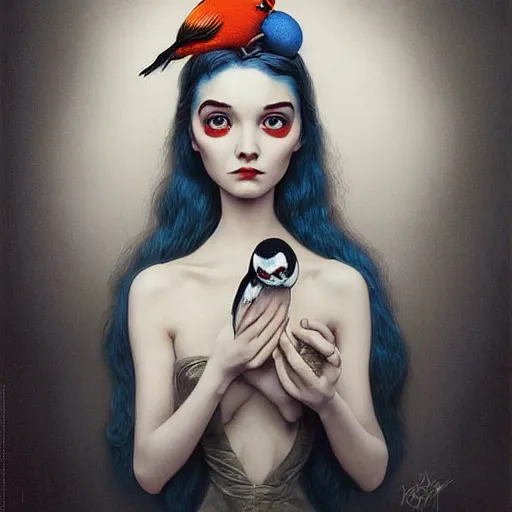 Prompt: Lofi portrait with bird, Pixar style by Joe Fenton and Stanley Artgerm and Tom Bagshaw and Tim Burton