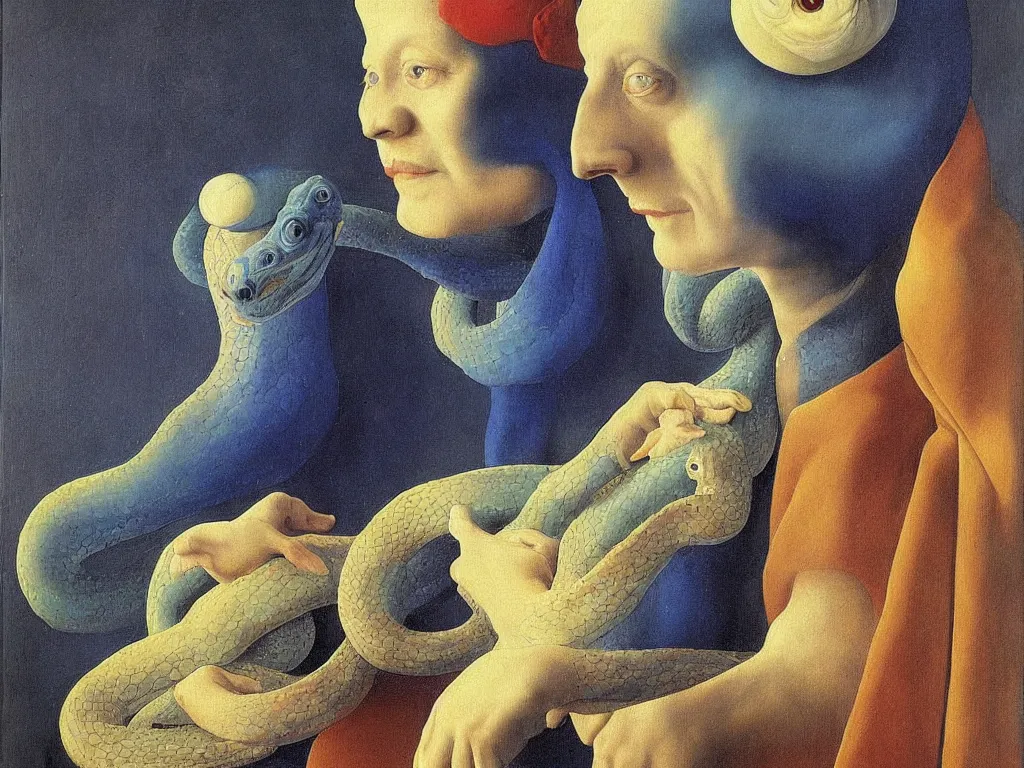 Image similar to Portrait of albino mystic with blue eyes, with exotic beautiful snake. Painting by Jan van Eyck, Audubon, Rene Magritte, Agnes Pelton, Max Ernst, Walton Ford