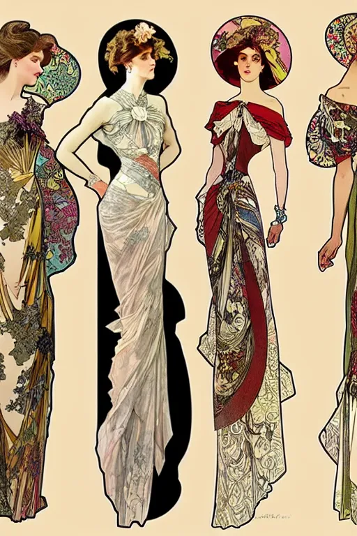 Prompt: 4 elegant full length dress designs with natural history prints designed by alphonso mucha