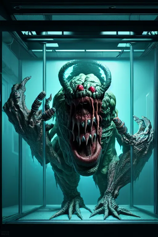 Image similar to hyper realistic mutant monster breaking out of containment chamber in science laboratory, ambient lighting, concept art, intricate, hyper detailed, smooth, dynamic volumetric lighting, octane, raytrace, cinematic, high quality, high resolution, 4 k, artstation