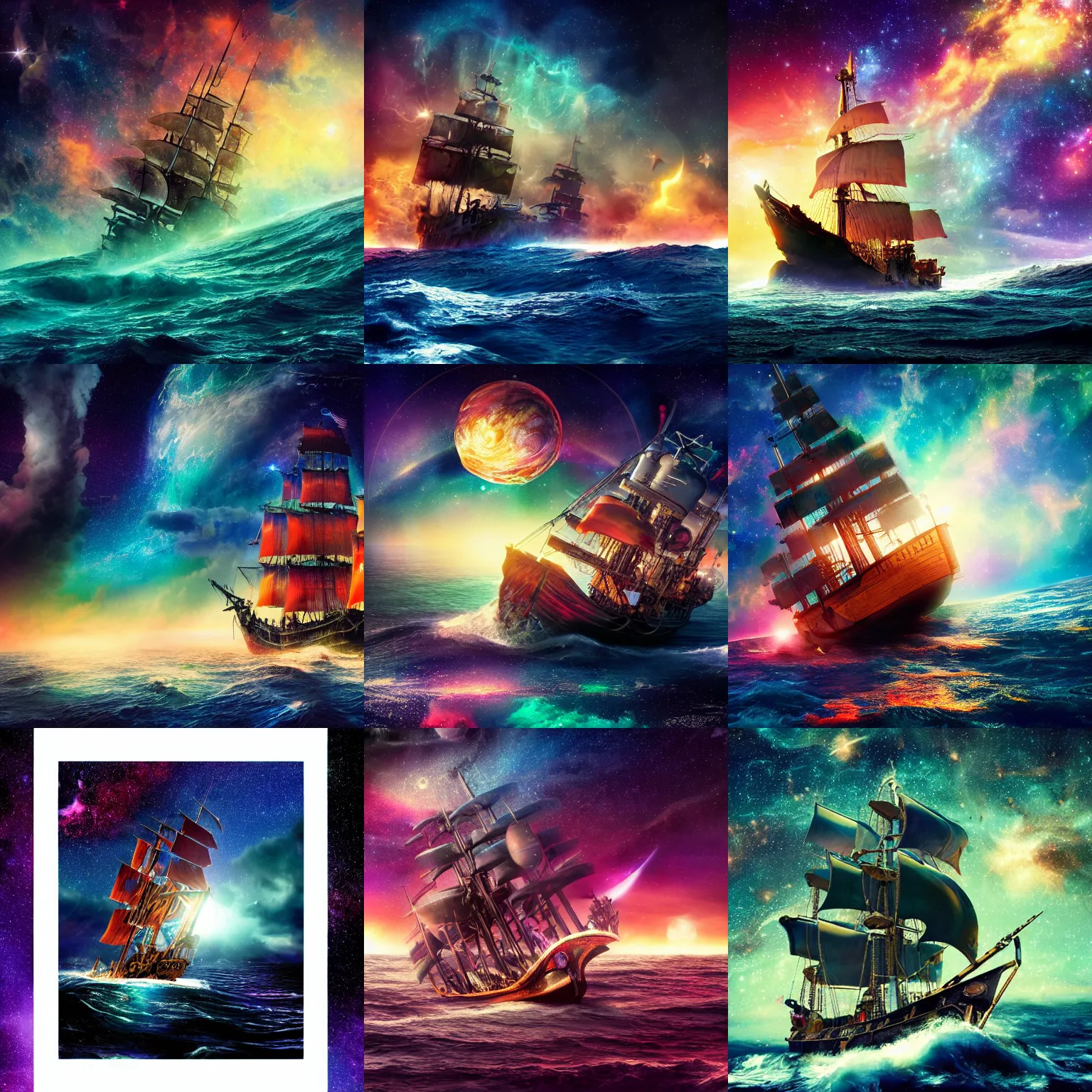 Prompt: photograph of a pirate ship traveling through sea of colorful stars, breathtaking stars, interstellar, concept art, NASA, 4K, Detailed, HDR