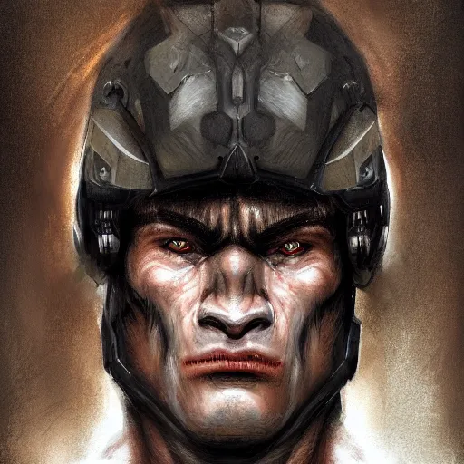 Image similar to portrait of a half orc by ayami kojima, he is about 2 0 years old, russian, manly, straight jaw, short brown hair, strong, friendly, and he is wearing a modern tactical gear, scifi, highly detailed portrait, digital painting, artstation, concept art, smooth, sharp foccus ilustration, artstation hq
