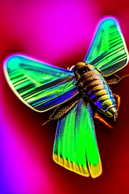 Image similar to high quality close-up photo iridescent moth! jeweled gorgeous! highly detailed david ligare elson peter cinematic neon lighting high quality low angle hd 8k sharp shallow depth of field