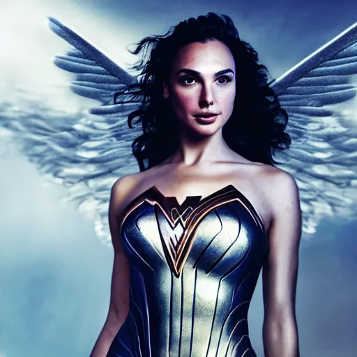 Prompt: Portrait of the beautiful woman Gal Gadot as an angel, she is coming down from the clouds, she has a crown, there is a glow coming from her, she is getting ulluminated from the sky, the photo was taking by Annie Leibovitz, matte painting, oil painting, naturalism, 4k, 8k