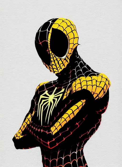 Prompt: highly detailed closeup portrait of a cyborg venom symbiote in spiderman suit with skeleton skull face, black hoodie by atey ghailan, by greg rutkowski, by greg tocchini, by james gilleard, by joe fenton, by kaethe butcher, gradient, yellow, black, brown and white color scheme, grunge aesthetic!!! white graffiti tag wall background