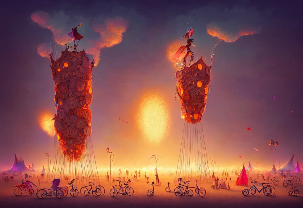 Prompt: A beautiful illustration of burning man festival, trending on artstation, WLOP, cgsociety by Gediminas Pranckevicius, trending on cgsociety, Michaelangelo, bokeh, fractal Thunder glow by dan mumford