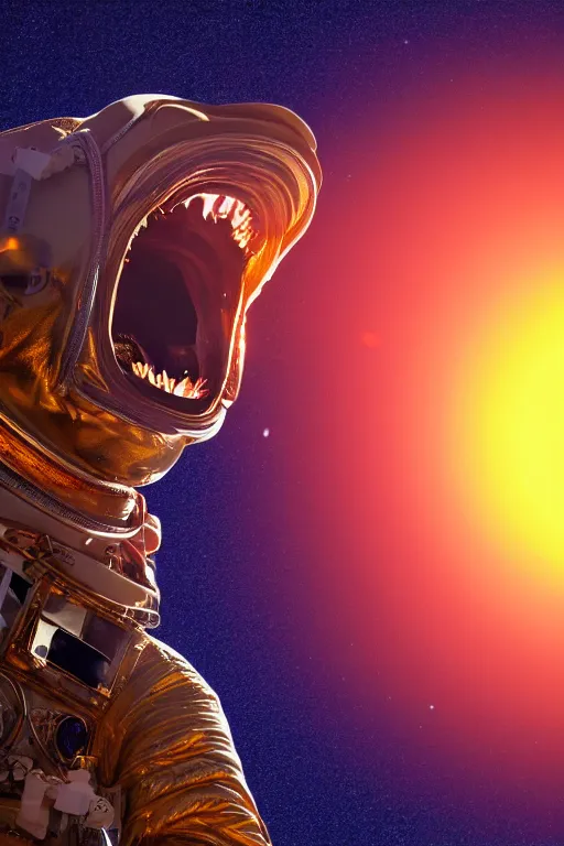 Image similar to a photograph from space of a man unhinging his jaw to eat the sun, 4 k image, golden hour, sigma lens, sourced by nasa, real, scary