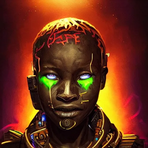 Image similar to a dark and ominous cyborg african child soldier with glowing eyes and tribal facial scarification, neon graffiti, Apex Legends character digital illustration portrait design, by android jones and greg rutkowski in a cyberpunk voodoo style, retrowave color scheme, detailed, cinematic lighting, wide angle action dynamic portrait