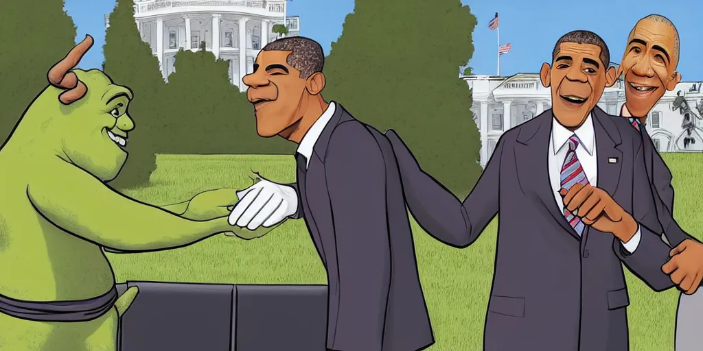 Image similar to An artists impression of a handshake between barrack obama and shrek outside the white house