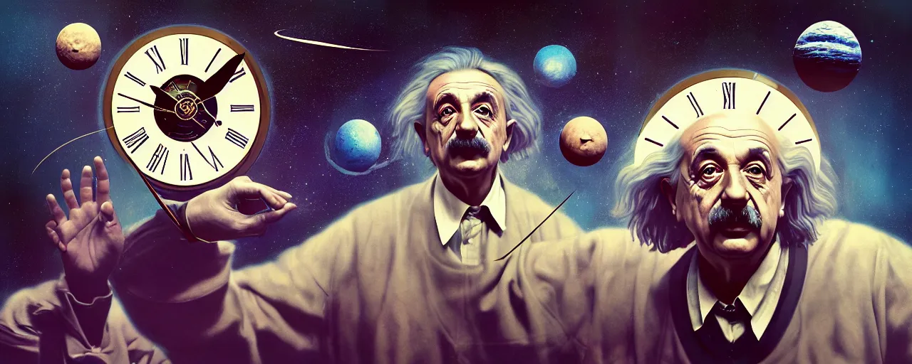 Image similar to duotone surreal illustration 3 / 4 portrait of albert einstein measuring time on salvadore dali clock in outer space dark starry background. golden ratio accidental renaissance. by sachin teng and sergey kolesov and ruan jia and heng z. graffiti art, scifi, fantasy, hyper detailed. octane render. concept art. trending on artstation