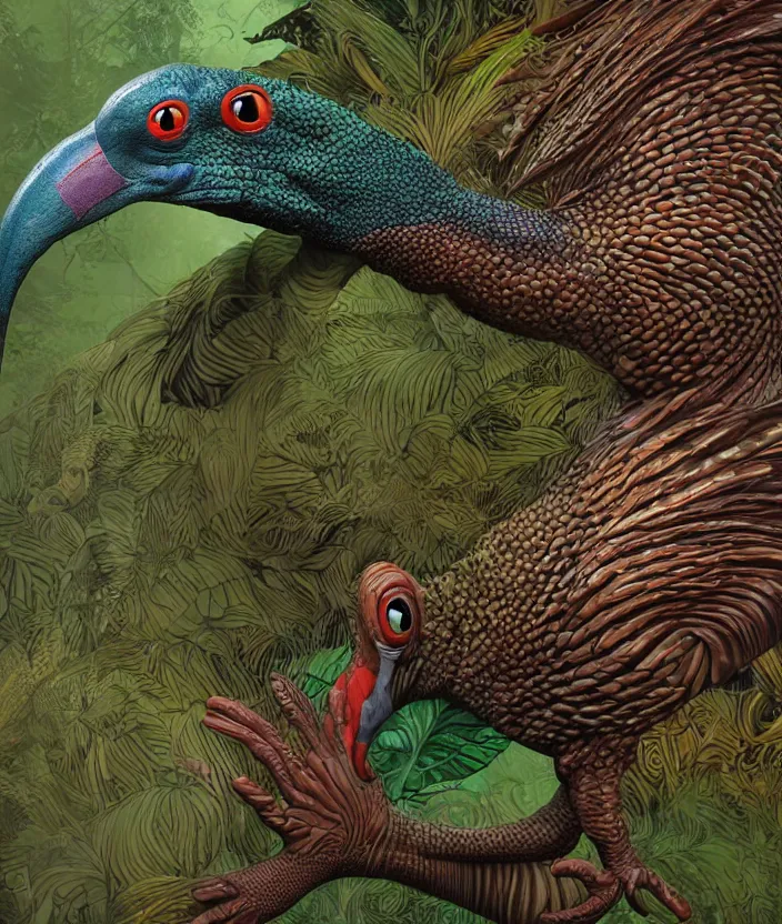 Prompt: a high resolution realistic displacement portrait of amphibia in digital world, muscles normal map creature made of doglike class aves skin veins merged anaconda, bump map strangled by plastic wrap bower bird creature wrinkles pheasant, ivy complex feathers exotic morphing hoopoe, zebra morphing wings king vulture head