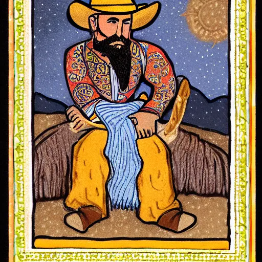Prompt: bearded cowboy resting in oasis, persian folkore artstyle, portrait, calligraphy border