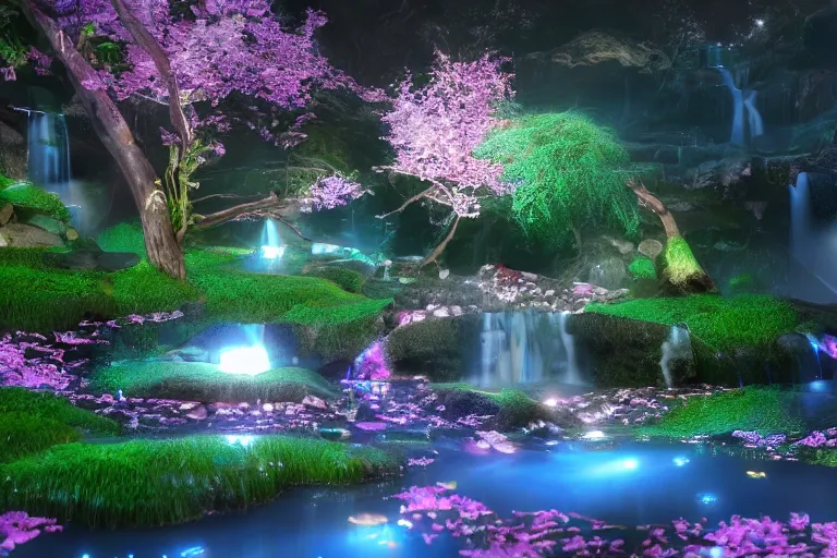 Image similar to Isometric bio-luminescent waterfall, cherry-blossom-tree, night-time, moon, fireflies, atmospheric, magical atmosphere, octane render, artstation, HD, 8K