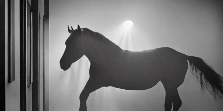 Prompt: Cinematography of a horse suspended in embalming fluid behind a pane of glass inside a mid century modern hotel hallway at magic hour with the sun shining god rays shining into a large 60's hotel lobby room filled with volumetric haze by the shining Cinematographer john alcott on a cooke panchro 18mm lens and shot on eastman kodak 5254 color 35mm film, in color