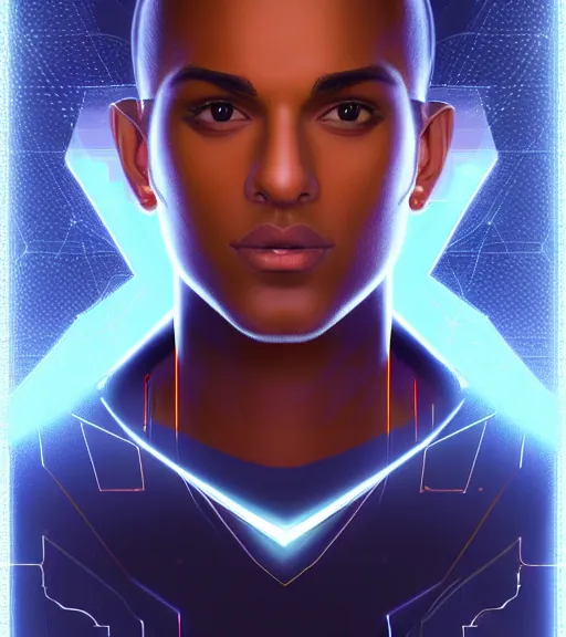 Image similar to symmetry!! egyptian prince of technology, solid cube of light, hard edges, product render retro - futuristic poster scifi, lasers and neon circuits, brown skin man egyptian prince, intricate, elegant, highly detailed, digital painting, artstation, concept art, smooth, sharp focus, illustration, dreamlike, art by artgerm