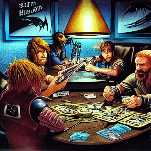 Image similar to scruffy punk starship crew sitting at table and playing dungeons & dragons, extraterrestrials, alien 1 9 7 9, ron cobb, jim henson creature shop, mike mignogna, highly detailed, comic book, science fiction, used future