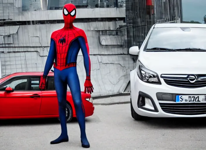 Image similar to spiderman stand next to opel sedan