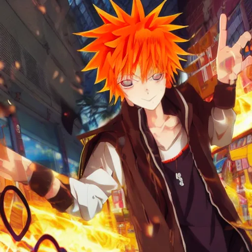Image similar to orange - haired anime boy, 1 7 - year - old anime boy with wild spiky hair, wearing blue jacket, holding magical technological card, magic card, in front of ramen shop, strong lighting, strong shadows, vivid hues, raytracing, sharp details, subsurface scattering, intricate details, hd anime, high - budget anime movie, 2 0 2 1 anime