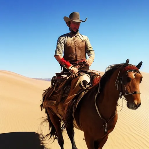 Prompt: gunslinger riding across the desert on a horse