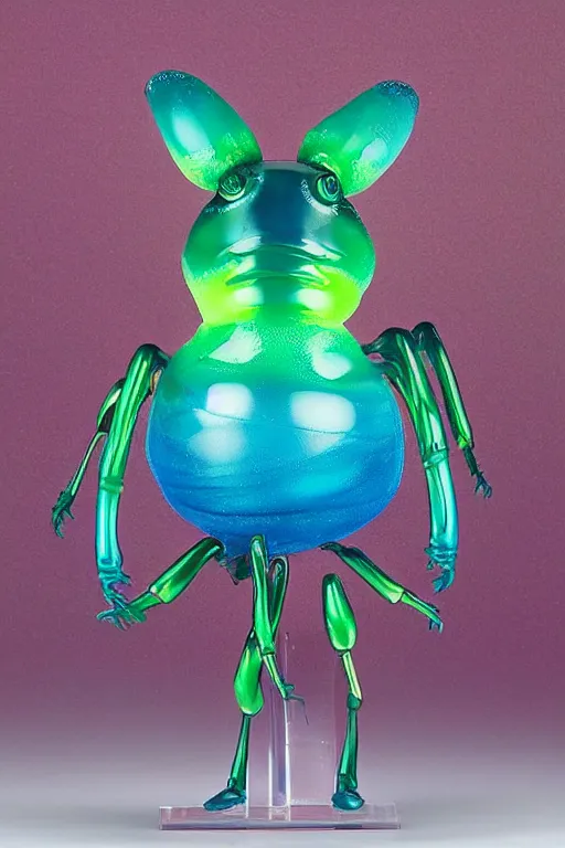 Image similar to a fat jelly super detailed anime figurine with fluo color detail, and muted arm colors, that looks like a insect, on top of a painting of plastic synthetic ionized metal flower sculptures