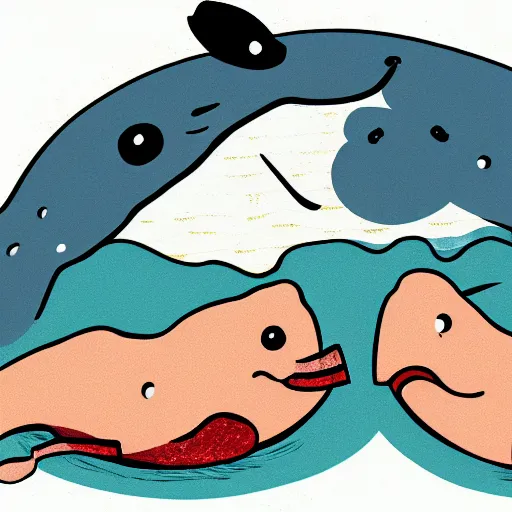 Prompt: two whales talking about food with captions. clipart