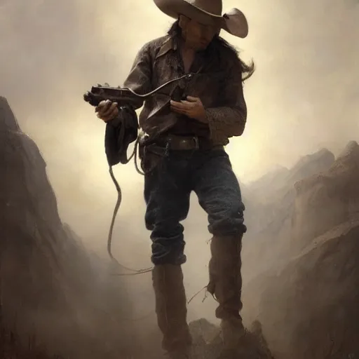 Image similar to a dramatic epic ethereal portrait of a cowboy firing his revolver while yelling, full body with dynamic pose, during archetypical Old West period, 19th century, male, detailed face, cinematic lighting, highly detailed oil on canvas painting by Greg Rutkowski, winning-award digital art trending on Artstation H 1024 W 832