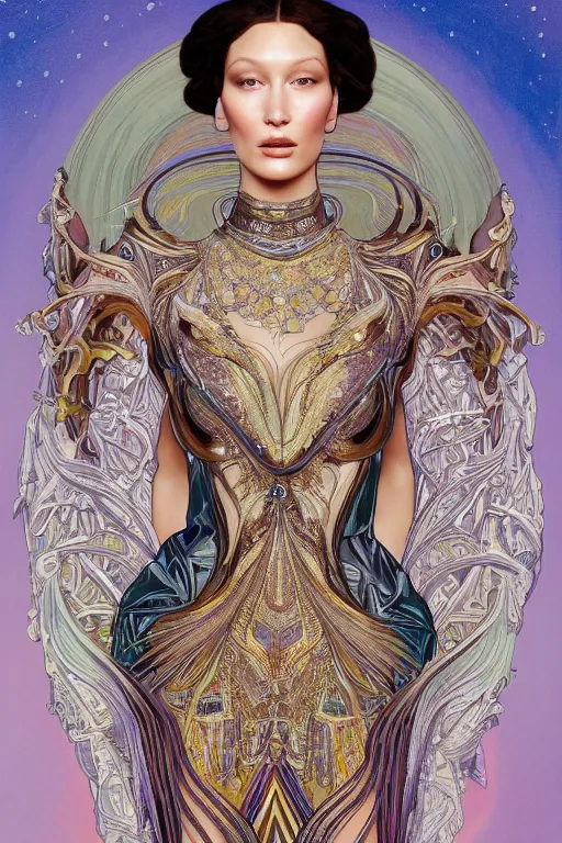 Prompt: a highly detailed painting of a beautiful alien goddess bella hadid in iris van herpen dress schiaparelli in diamonds in style of alphonse mucha art nuvo trending on artstation