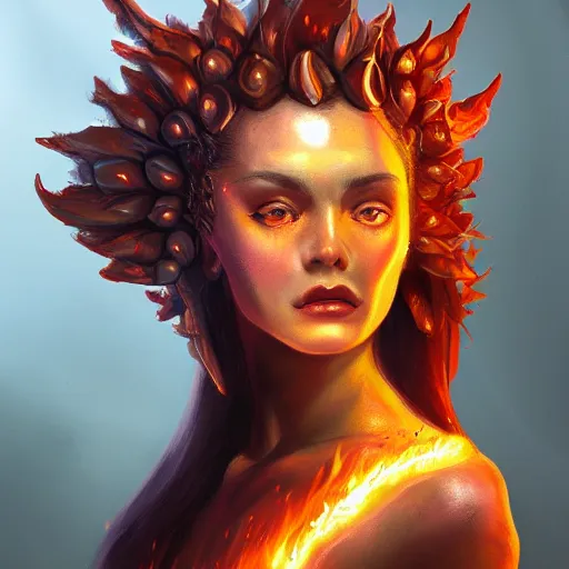 Image similar to A stunning portrait of a flame goddess by Andrews Esao, fantasy, Trending on artstation.