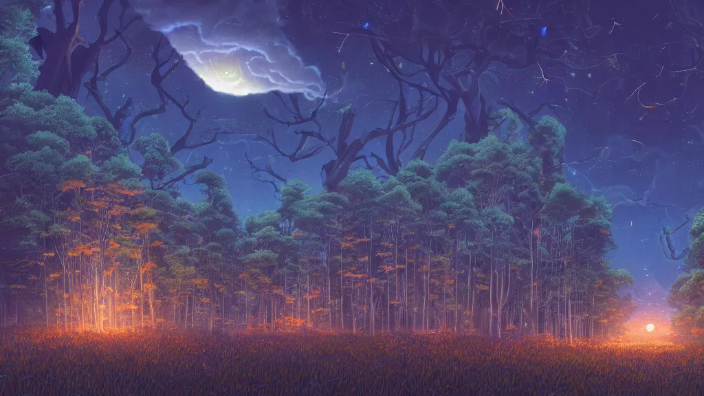 Prompt: highly detailed illustration of a an old giant forest with fireflies at night and lots of high exposure cummulonimbus clouds by makoto shinkai, by oliver vernon, by joseph moncada, by damon soule, by manabu ikeda, by kyle hotz, by dan mumford, by otomo, 4 k resolution