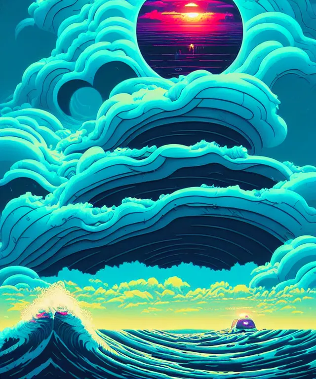 Prompt: an ocean wave swirling in the sky by simon stalenhag and dan mumford, surrealism, hyper detailed, retrowave, solarpunk