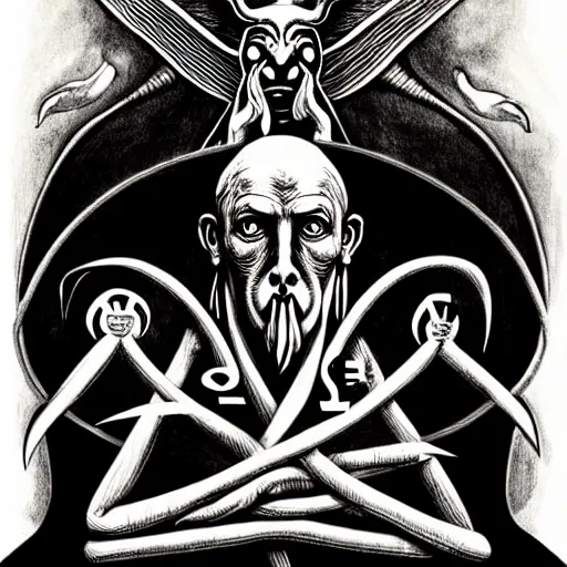 Prompt: graphic illustration, creative design, aleister crowley with baphomet, biopunk, francis bacon, highly detailed, hunter s thompson, concept art