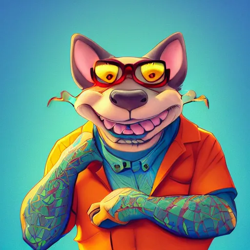 Image similar to in the style of artgerm, loish and ross tran, anthropomorphic alligator, symmetrical face, symmetrical eyes, red scales on his back, yellow scale on his belly and chest, male, waring a hawaiian shirt, in the style of zootopia