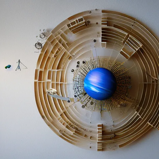 Image similar to a kinetic sculpture of this solar system, sun, mercury, venus, earth, mars, jupiter, saturn, uranus, neptune, pluto, orrery, canon 5 d 5 0 mm lens, papier - mache, studio, artificial intelligence