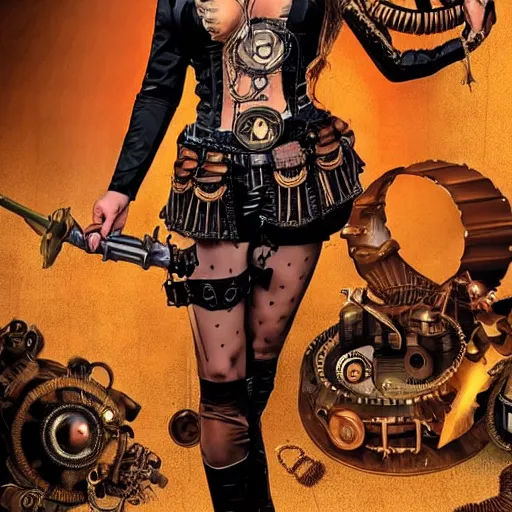 Prompt: full body photo of karen gillen as an amazon steampunk warrior