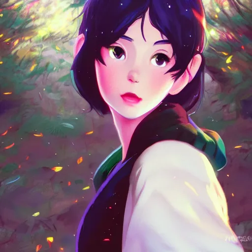 Image similar to portrait of snow white, forest background, rich vivid colors, ambient lighting, dynamic lighting, 4k, HQ, official media, anime key visual, makoto shinkai, ilya kuvshinov, lois van baarle, rossdraws, detailed, trending on artstation