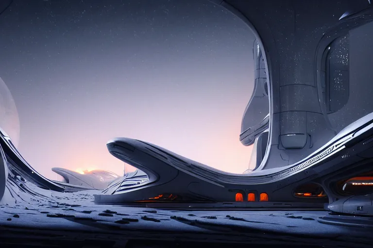 Image similar to futuristic space station in the snowy mountains 3 d concept art, cinematic lighting, intricate details, building by zaha hadid, pastel orange sunset, emissary space by arthur haas and bruce pennington and john schoenherr, cinematic matte painting, dark moody monochrome colors, trending on artstation, featured on behance