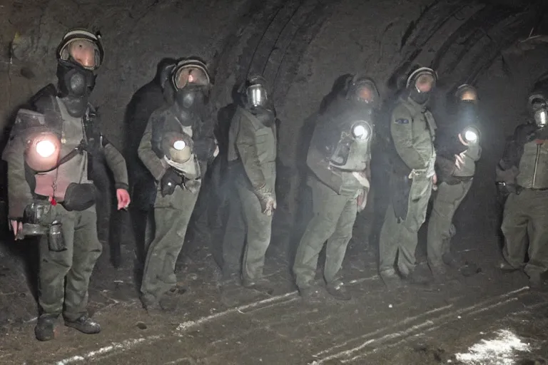Image similar to police in gas masks in dark Russian tunnels hunting monster
