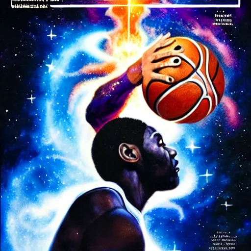 Image similar to cosmic basketball player dunking a basketball hoop in a nebula, an oil painting, by ( leonardo da vinci ) and greg rutkowski and rafal olbinski and ross tran, award - winning magazine cover