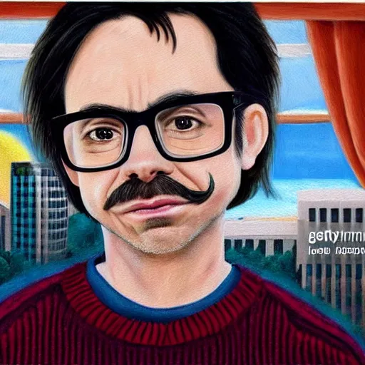 Image similar to An Oil Painting of Rivers Cuomo in a sweater with long hair and a mustache playing his piano in an apartment as he looks out the window next to him to see a nuke drops onto the city outside his window next to him, hyperrealistic, extremely realistic, highly realistic, HD Quality, 4k resolution, 8k resolution, Detailed, Very Detailed, Highly Detailed, Extremely Detailed, Intricate Details, Real, Very Real, Oil Painting, Digital Painting, Painting, Trending on Deviantart, Trending on Artstation