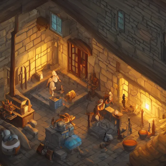 Prompt: an isometric digital painting of a cosy medieval alchemist's laboratory by yusuf artun, highly detailed, volumetric lighting, digital art, isometric, artstation hd