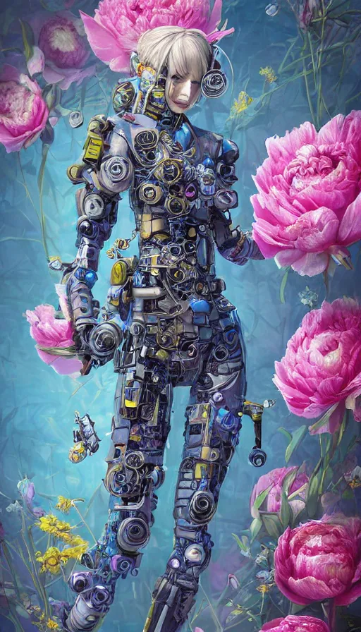 Prompt: full body head to toe portrait of a flowerpunk sci-fi cyborg ninja, third person, D&D, sci-fi fantasy, intricate, blue and gold, daisy and rose and miniature peony, highly detailed, art by Range Murata, highly detailed, 3d, octane render, bright colors, digital painting, trending on artstation, sharp focus, illustration style of Stanley Artgerm, dramatic background