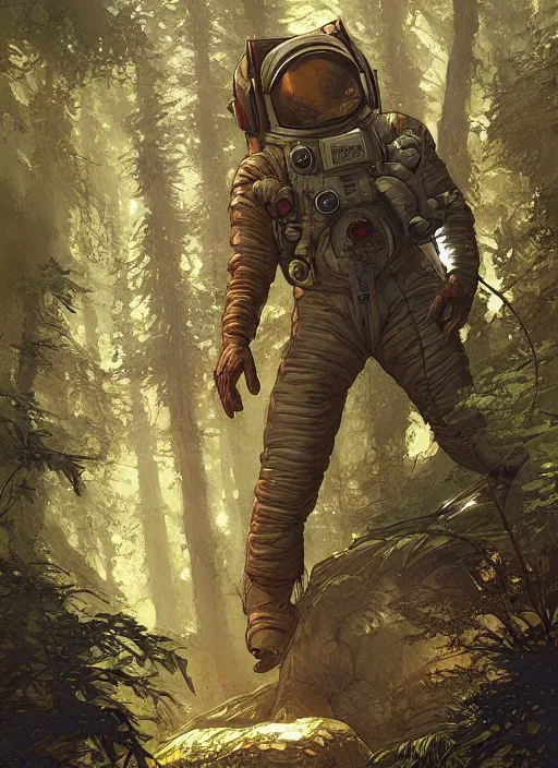 Image similar to astronaut in a forest, D&D, fantasy, intricate, cinematic lighting, highly detailed, digital painting, artstation, concept art, smooth, sharp focus, illustration, art by Terry Moore and Greg Rutkowski and Alphonse Mucha