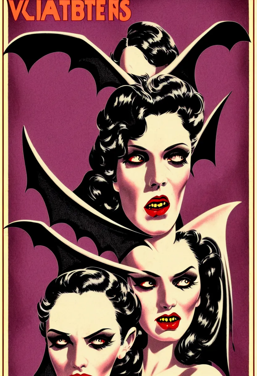 Image similar to vintage science fiction magazine poster portrait of an attractive vampire babe, bat wings, vector art, 8k, highly detailed illustration