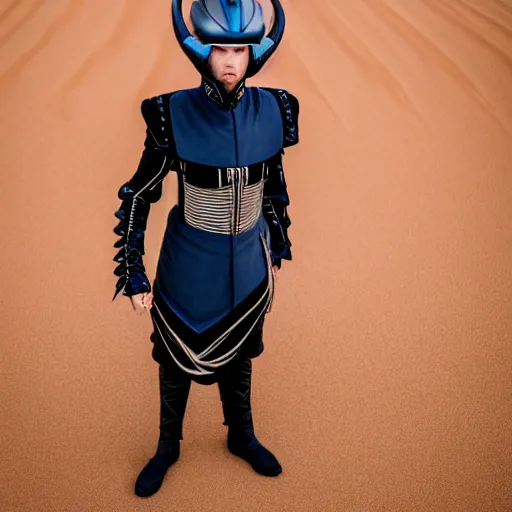 Image similar to low angle upper view of Austin Butler dressed in futuristic-baroque prussian blue duelist-garb and nanocarbon-vest and greaves, standing in an arena in Dune 2020, XF IQ4, f/1.4, ISO 200, 1/160s, 8K, RAW, unedited, symmetrical balance, face in-frame